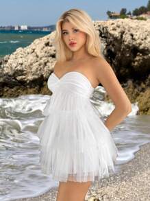 Sweetina Váy mini xếp nếp hở lưng lưới trắng quấn phía trước cho nữ, váy nghỉ dưỡng dễ thương giản dị - trắng - Xem 5