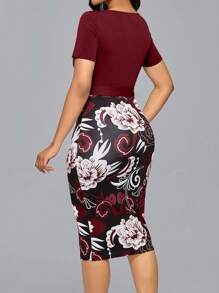 SHEIN LUNE 女士优雅印花拼色工作通勤连衣裙 - 酒紅色 - 查看 2