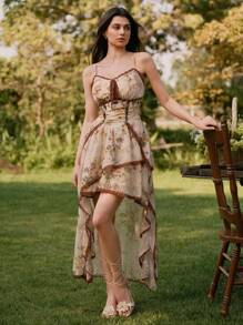 Savoree Vestido de verano elegante para mujer con camisola asimétrica y estampado floral
