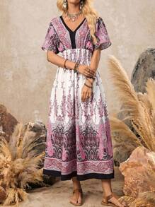 LanaWest Women's Casual Retro Western Style V-Neck Batwing Sleeve Cashew Floral Print Maxi Dress