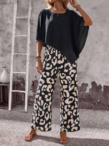 EMERY ROSE Bộ trang phục mùa hè 2 món cho nữ - Áo tay cánh dơi màu trơn viền bất đối xứng và quần họa tiết da báo - màu đen - Xem 6