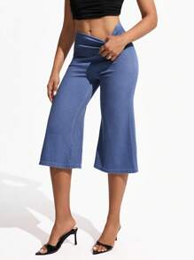 SHEIN Essnce Quần jeans ống loe lửng 3/4 cạp cao, kiểu dáng thường ngày, đa năng dành cho nữ. - Rửa trung bình - Xem 4