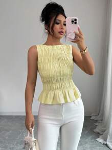 Chiquease Women's Summer Vacation Solid Color Ruffle Hem Camisole Creamy Yellow Clothes For University - Yellow - View 3