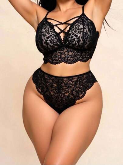 Dark Gothic Lace Cross-Strap Cutout Sexy Plus Size Bra And Panty Set