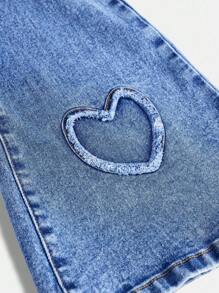 SHEIN Tween Girls Y2K 时尚石洗心形图案高腰喇叭腿牛仔裤，女孩秋装街头服装 - 中等水洗藍 - 查看 3