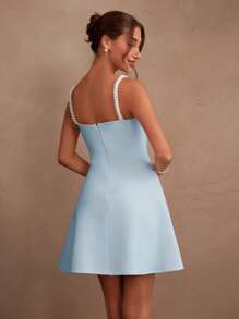 Savoree White Pearl Embellished Spaghetti Strap Bodycon Dress, Elegant Minimalist Luxury Design For Summer, Beach, Festival, Holiday, Sexy, Party, Gathering - Light Wash - View 2