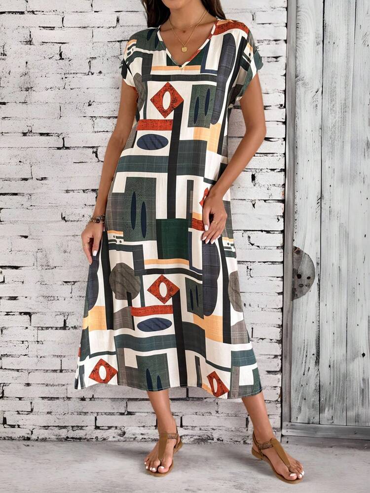 Women's Summer V-Neck Batwing Sleeve Geometric Print Casual Long Dress Dresses For Women Summer