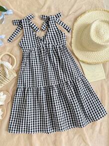 Tween Girls Casual Fashion Woven Gingham V-Neck Sleeveless Bow Patchwork Waist A-Line Dress, Back To School, Graduation Party, Summer Holiday - Black - View 10