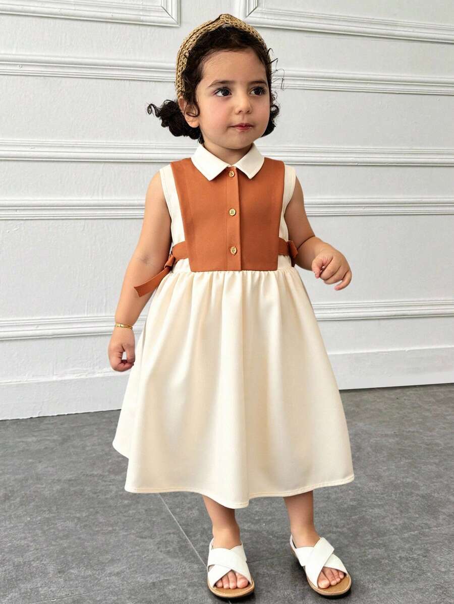 SHEIN Vestido informal y cómodo para bebé niña con bloqueo de color en patchwork, cuello y decoración de moño - Caqui - Ver 1