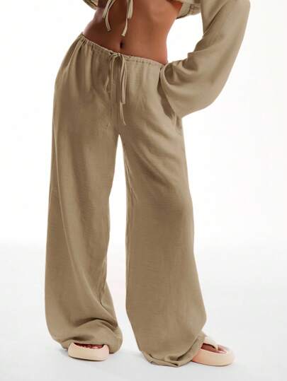 MUSERA Tie Front Linen Feel Beach Trousers Drawstring Pants Vacation Summer Elegant Beachwear Boho Casual Airport Fall