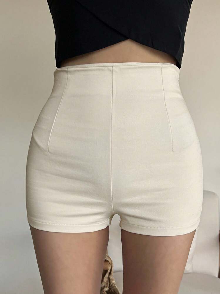 DAZY Pantalones cortos de cintura alta de color sólido para otoño - Beis - Añade 5