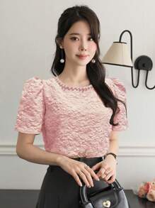 DAZY Women's Elegant Wedding Guest Wear Bubble Sleeve Crew Neck T-Shirt With Pearl Beads, Summer