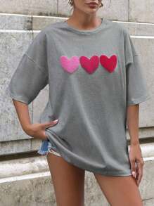 EURMUSE 100%Cotton WHITE OVERSIZE T-SHIRT WITH EMBROIDERY HEART DETAİL - Grey - View 5