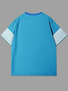 Manfinity Homme Men's Casual Round Neck Short Sleeve Striped Mountain Print T-Shirt, Summer - Multicolor - View 2