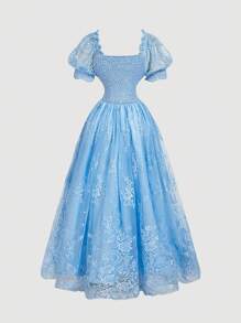 SHEIN MOD 蓝色梦幻浪漫精致蕾丝和缎面拼布连衣裙，带有层叠荷叶边下摆和蝴蝶结装饰，适合约会、派对、节日、茶会、生日 - 藍色 - 查看 2