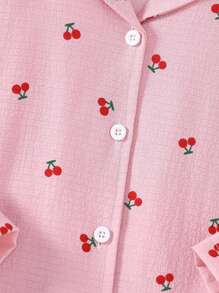 SHEIN 女童可爱樱桃图案两件套泡泡褶面料休闲舒适前开翻领长袖上衣和裤子睡衣家居服套装 - 粉色 - 查看 6
