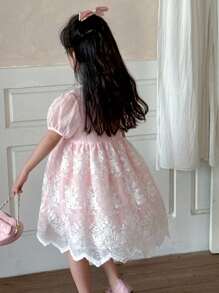 Dazy Kids Vestido de fiesta de cumpleaños de largo medio con cuello redondo y parches de encaje para niñas (talla pequeña)