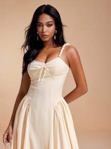 VALERIA GALIPOLI Seersucker Fabric Beaded Strpas Ruching Puss Madi Dress Women Summer Party Elegant Going Out Cream Dresses For Women Midi Dress Tea Length Dress Corset Dress Ankle Length Dress - Yellow - View 1