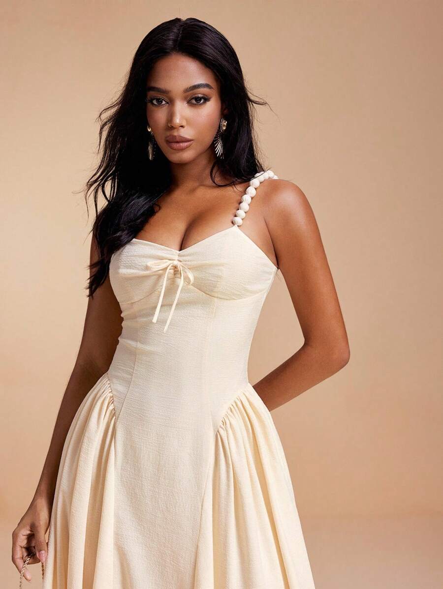 VALERIA GALIPOLI Seersucker Fabric Beaded Strpas Ruching Puss Madi Dress Women Summer Party Elegant Going Out Cream Dresses For Women Midi Dress Tea Length Dress Corset Dress Ankle Length Dress - Yellow - View 1