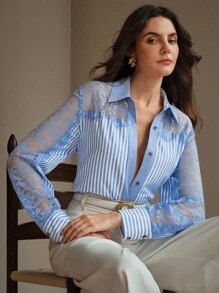 Anewsta New Stylish Spring/Summer Lace Trim Contrast Striped Sheer Hollow Out Long Sleeve Women's Polo Shirts - Blue and White - View 5
