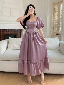 DAZY 女士蕾丝拼接中长连衣裙，荷叶边袖口和系带腰身，优雅夏季女装 - 紫色 - 查看 8