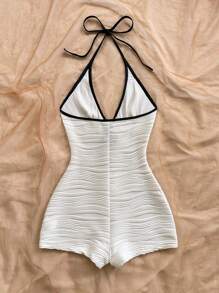 Soleia 女士休闲度假 V 领露背蝴蝶结前镂空黑白撞色饰边紧身罗纹连体裤，适合派对、约会、下午茶、海边沙滩，可作为内穿或外穿