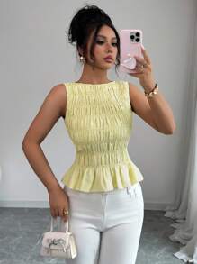 Chiquease Women's Summer Vacation Solid Color Ruffle Hem Camisole Creamy Yellow Clothes For University - Yellow - View 1