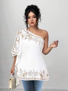 Elenzga Plus Size Printed Shoulder-Bearing Beach/Holiday Shirt - White - View 4