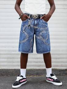 ROMWE MEN Goth Pantalones cortos vaqueros de verano casuales y sueltos para hombres con diseño bordado, sin cinturón incluido