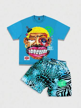 Street Life Ensemble décontracté d'été/printemps homme avec t-shirt imprimé de personnage de dessin animé vintage et short léopard