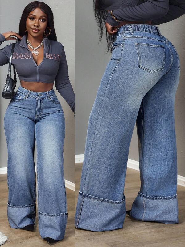Slaydiva Plus Size Women Pockets Flared Wide Leg Loose Casual Versatile Denim Jeans