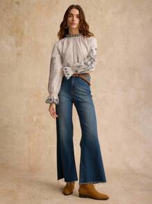 Poéselle Women's Front Button Long Sleeve Floral Embroidered Casual Shirt,Boho, Western, Nashville Outfits, Coachella, Concert Wear