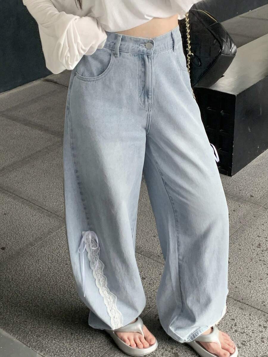 DAZY 女士休闲蕾丝拼布抽绳腰镂空哈伦裤，适合春夏秋季