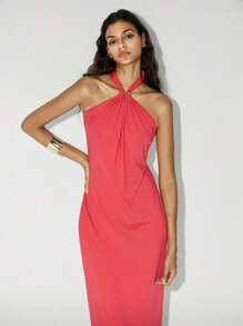 Lumivelle Women Halter Neck Strapless Dress With Pleated Details, Open Back And Slit