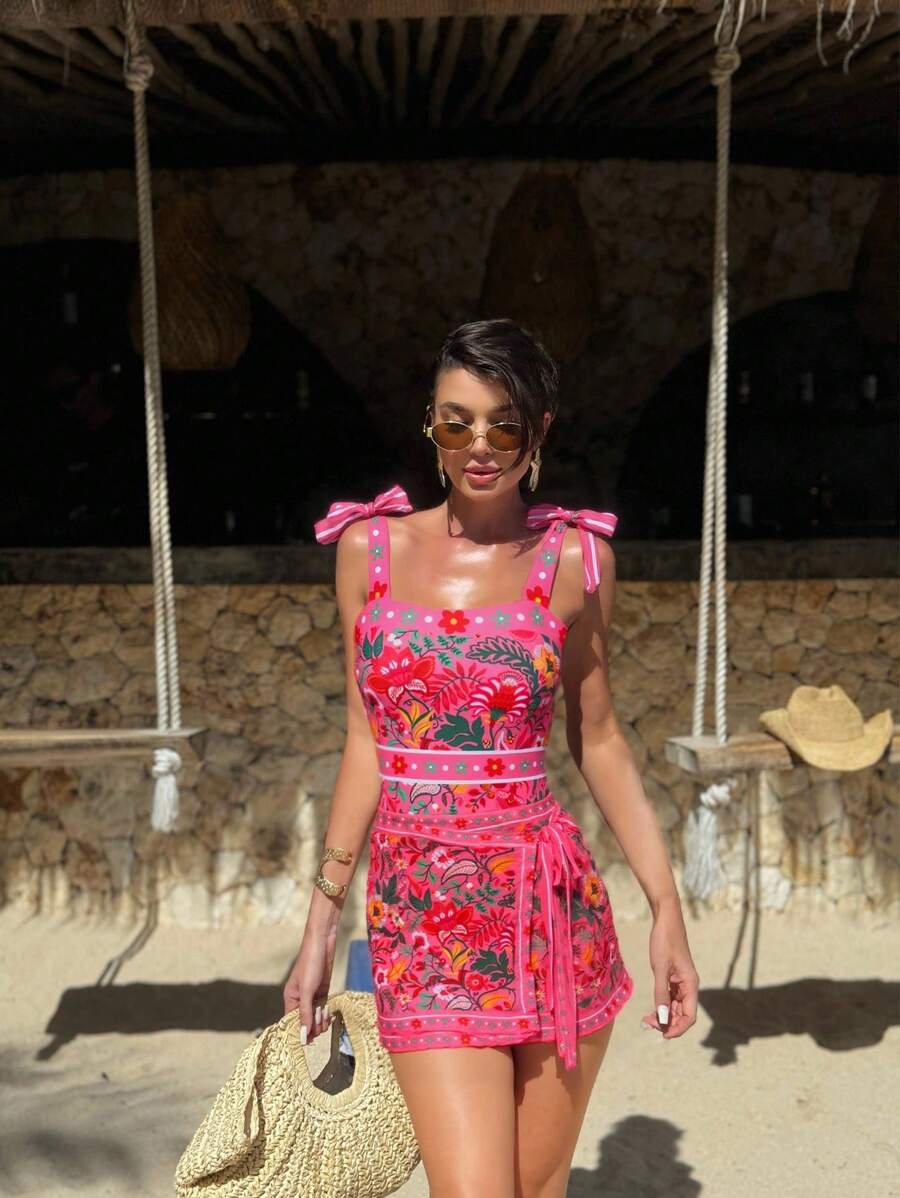 Bonvoyette 2 件套女士随机印花连体泳衣和印花裙度假风格泳装 - 彩色 - 查看 1