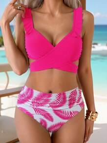 SHEIN Swim Women's Solid Fuchsia Minimalist Camisole Top And Leaf Print Swimwear Bottom Set For Summer Beach Vacation