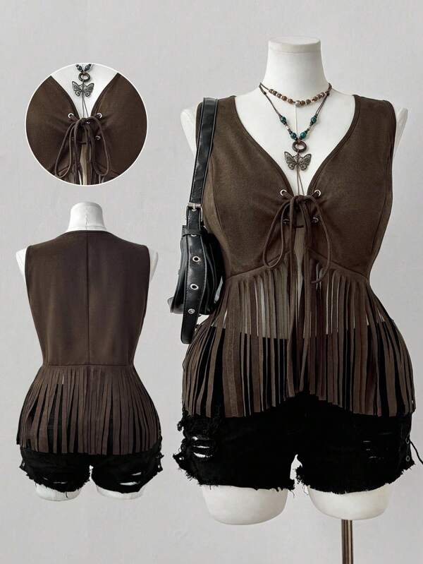Sunspun Plus Size Women Summer Cowgirl Western Fringe Vest