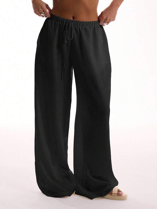MUSERA Textured Linen Feel Tie Waist Trouser Vacation Summer Spring Elegant Beachwear Boho Casual Boho Airport