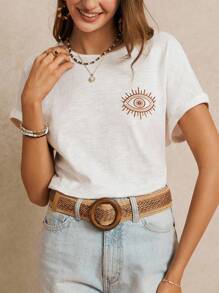 Poéselle 100% Cotton T-Shirt With Symbolic Eye Pattern Emboridery, White Essential, Summer Outfit, Wedding Season Essential, Cottagecore Embroidery Tee, Short Sleeve T-Shirt, Effortless Chic Casual Style - White - View 5