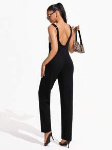 INAWLY Women's Round Neck Sleeveless Casual Denim Jumpsuit - Black - View 3
