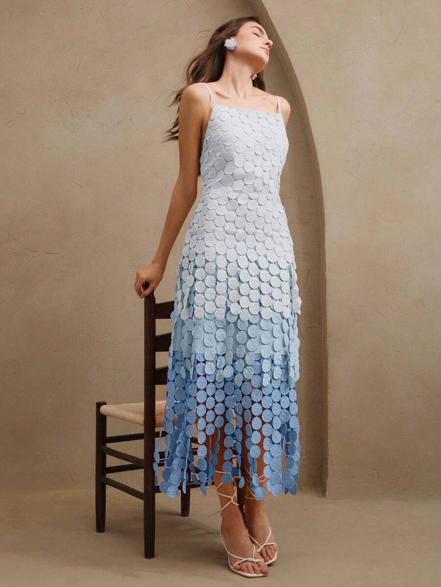 Anewsta Váy suông cạp cao thêu tua rua tròn, có lớp vải rủ mềm mại, trang phục mùa hè cho phụ nữ dự tiệc - Màu xanh lam - Xem 1