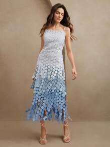 Anewsta Váy suông cạp cao thêu tua rua tròn, có lớp vải rủ mềm mại, trang phục mùa hè cho phụ nữ dự tiệc - Màu xanh lam - Xem 5