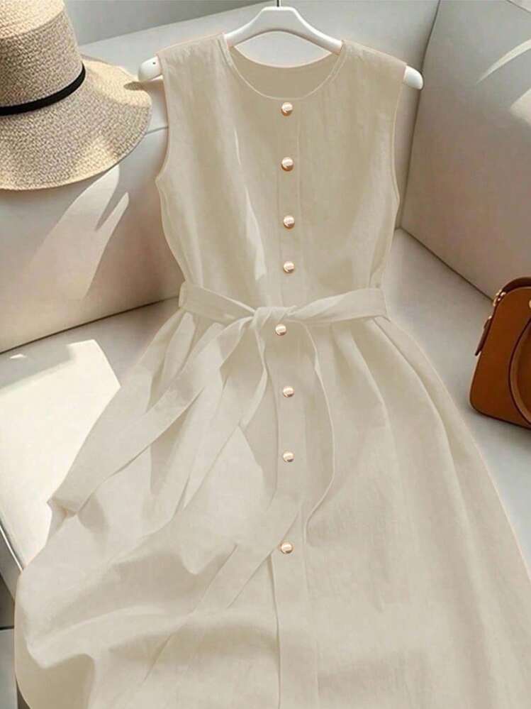 Franclia Women's French Style High-End Sleeveless Single-Breasted Round Neck Casual Dress - Apricot - View 4