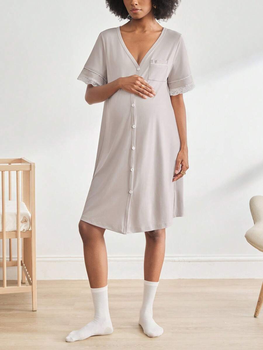 BloomMama 孕妇短袖哺乳睡衣，带蕾丝和纽扣，时尚家居服睡衣睡裙睡衣 - 卡其色 - 查看 1