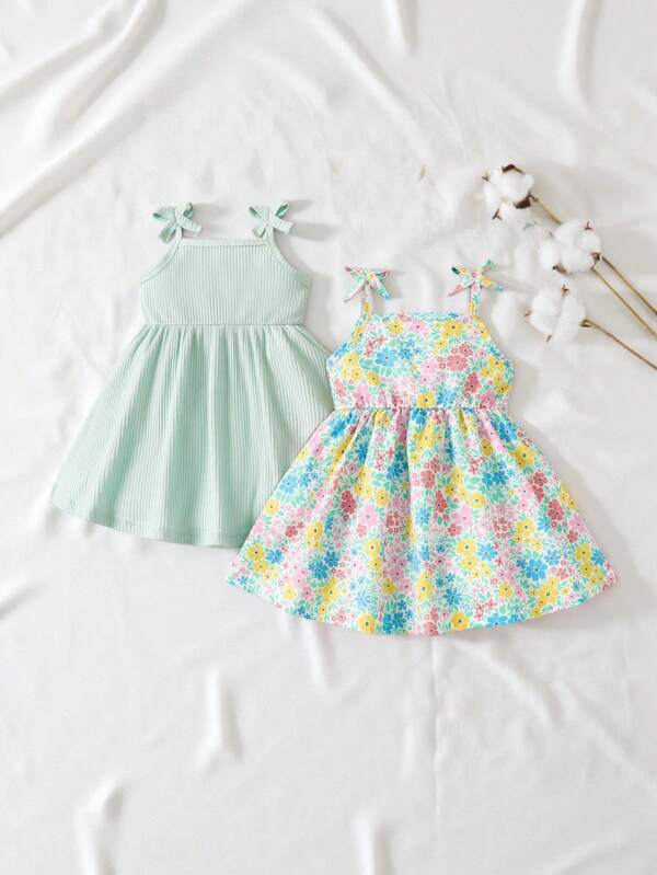 SHEIN 2pcs Baby Girls' Casual All-Match Cute Heart Print Spaghetti Strap Dress, Spring/Summer, Perfect For Valentine's Day