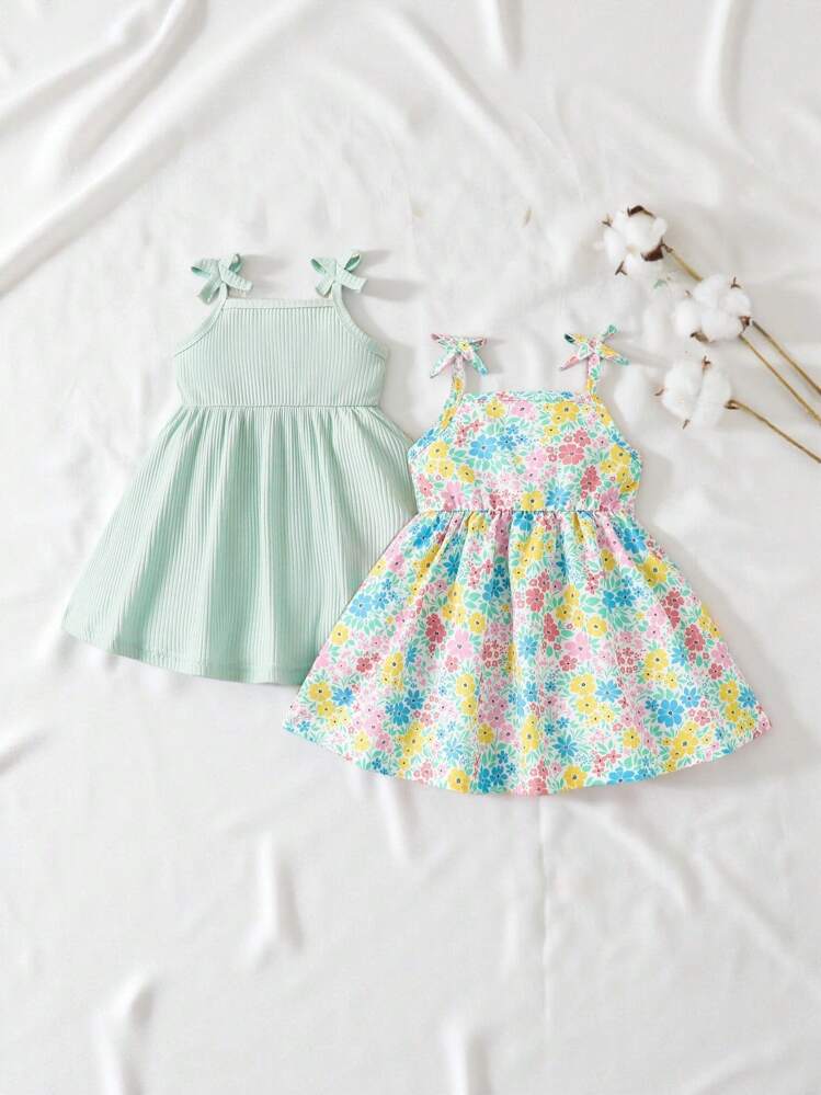 فستان قطعتين للرضع بطبعة قلب جميلة وأحزمة سباغيتي...