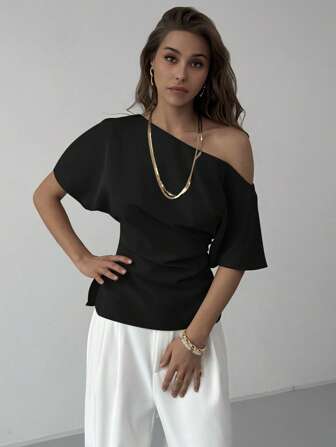 Aloruh New Versatile Minimalist Commute Oblique Shoulder Bat Wing Asymmetrical Pleated Cinched Waist Fitted Pullover Shirt,Off The Shoulder Top