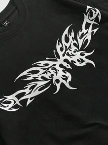 ROMWE MEN Grunge Punk Men's Summer Casual Butterfly Print Round Neck Short Sleeve T-Shirt - Black - View 3