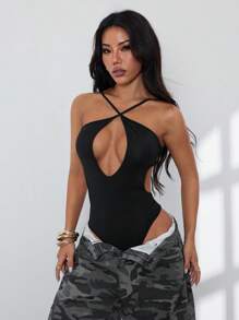 SHEIN PETITE Women's Summer Beach Holiday Crossed Neck Halter Bodysuit