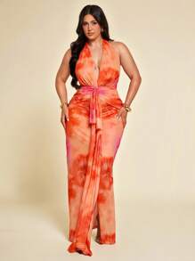 SHEIN BAE Plus Size Women Elegant Long V-Neck Knit Dress, 4th Of July Curve,Wedding Guest Dress Women,Back To School Girls Clothes,Girls Summer Outfits,Fall Clothes,School Clothes,Halloween,Winter,Y2k Clothes ,Vintage,Vacation Outfits Woman,Floral Dress - Orange - View 7